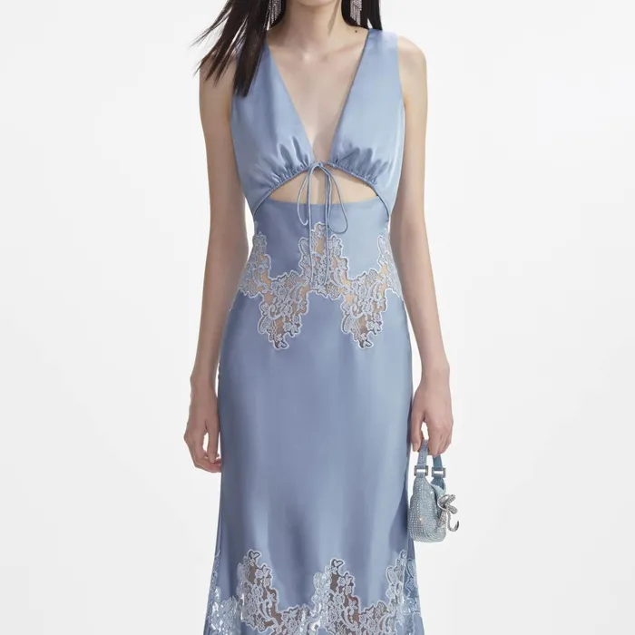 Women Blue Satin Lace Insert Midi Dress Self Portrait Dresses