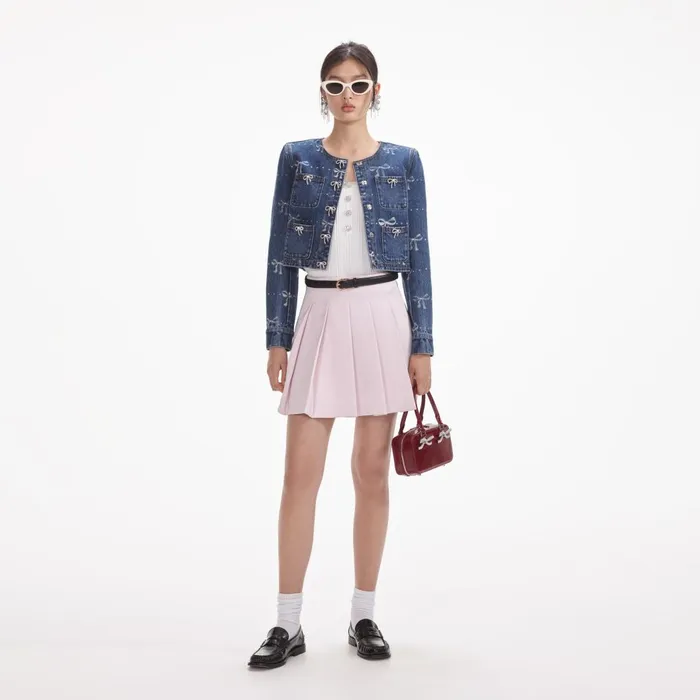 Women Bow Print Denim Jacket Self Portrait Denim