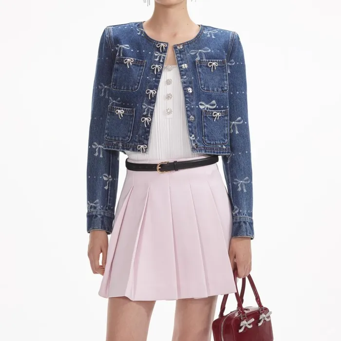Women Bow Print Denim Jacket Self Portrait Denim