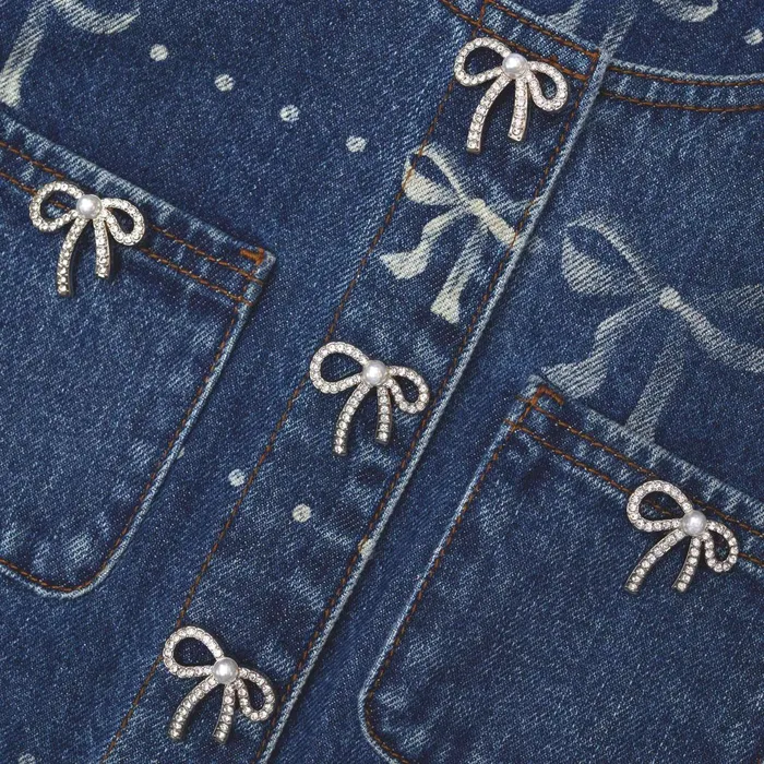 Women Bow Print Denim Jacket Self Portrait Denim