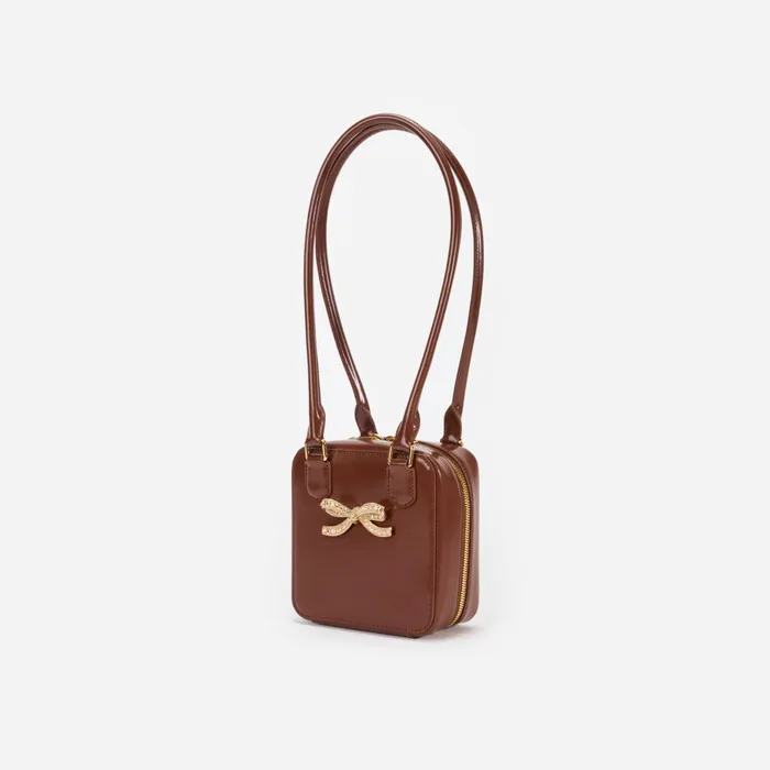 Women Brown Leather Square Shoulder Bag Self Portrait Handbags