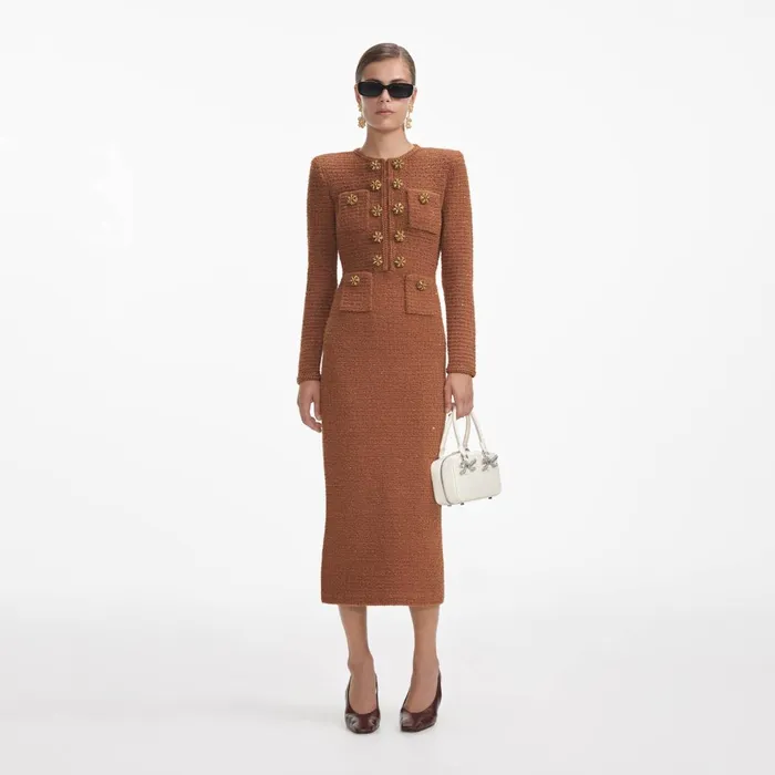 Women Brown Textured Knit Midi Dress Self Portrait Dresses