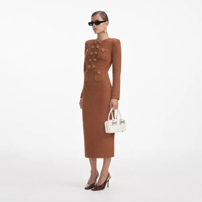 Women Brown Textured Knit Midi Dress Self Portrait Dresses