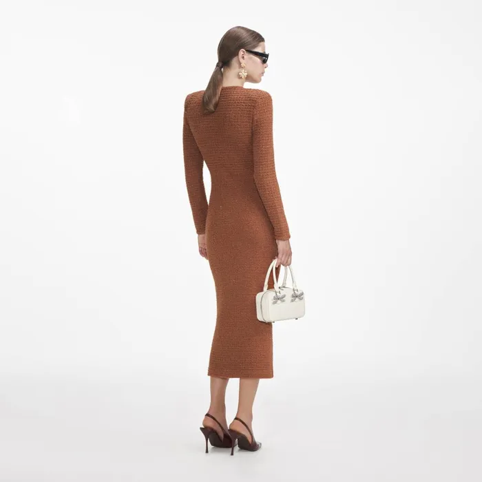 Women Brown Textured Knit Midi Dress Self Portrait Dresses