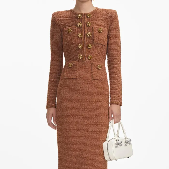 Women Brown Textured Knit Midi Dress Self Portrait Dresses