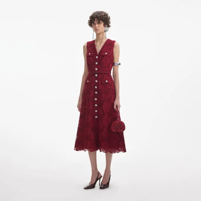 Women Burgundy Lace Buttoned Midi Dress Self Portrait Dresses