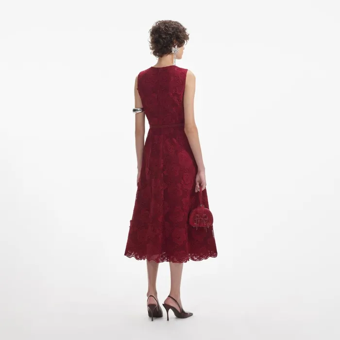 Women Burgundy Lace Buttoned Midi Dress Self Portrait Dresses