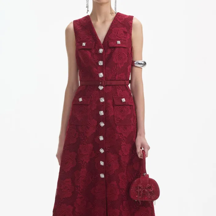 Women Burgundy Lace Buttoned Midi Dress Self Portrait Dresses