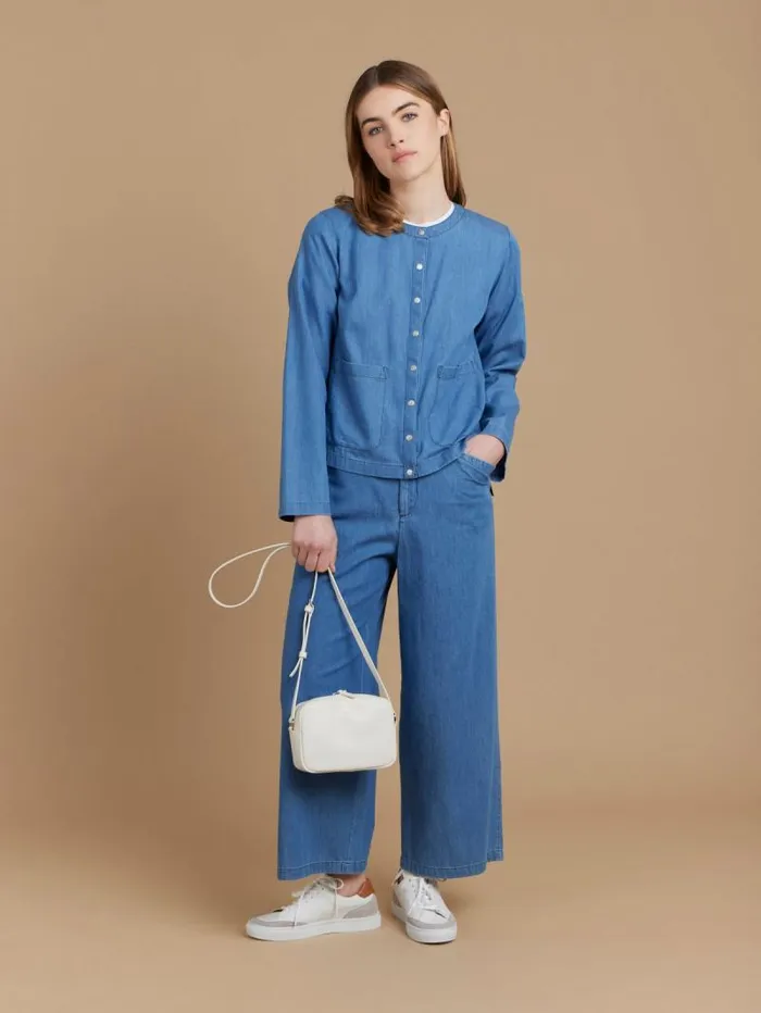 Women Cardigans Agns B Blue Cotton Chambray Cardigan With 034B034 Snaps