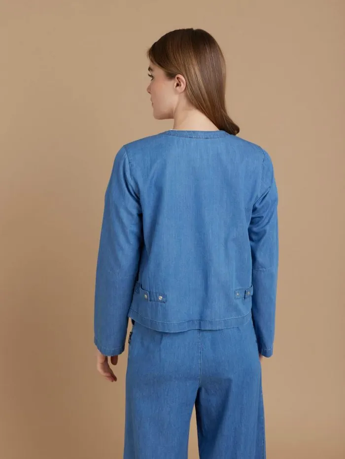 Women Cardigans Agns B Blue Cotton Chambray Cardigan With 034B034 Snaps