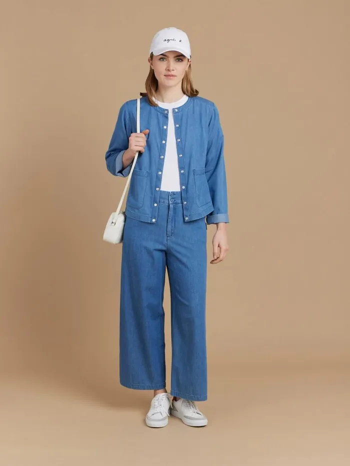 Women Cardigans Agns B Blue Cotton Chambray Cardigan With 034B034 Snaps