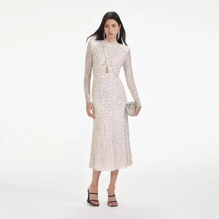 Women Champagne Rhinestone Mesh Midi Dress Self Portrait Dresses