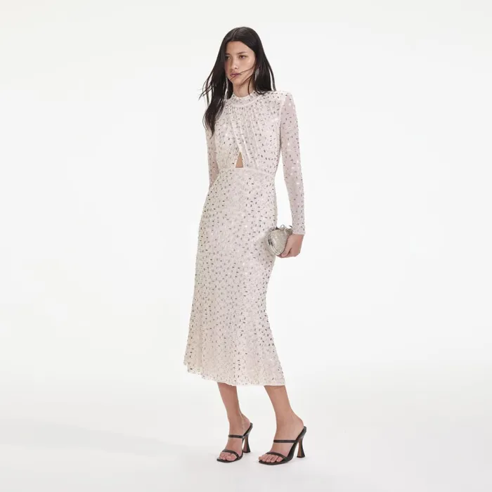 Women Champagne Rhinestone Mesh Midi Dress Self Portrait Dresses