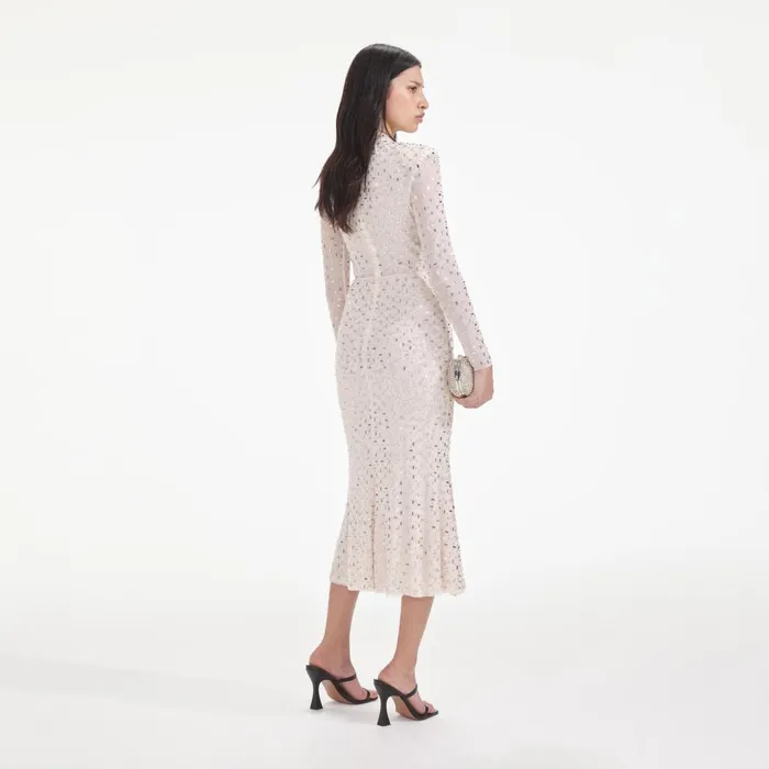 Women Champagne Rhinestone Mesh Midi Dress Self Portrait Dresses