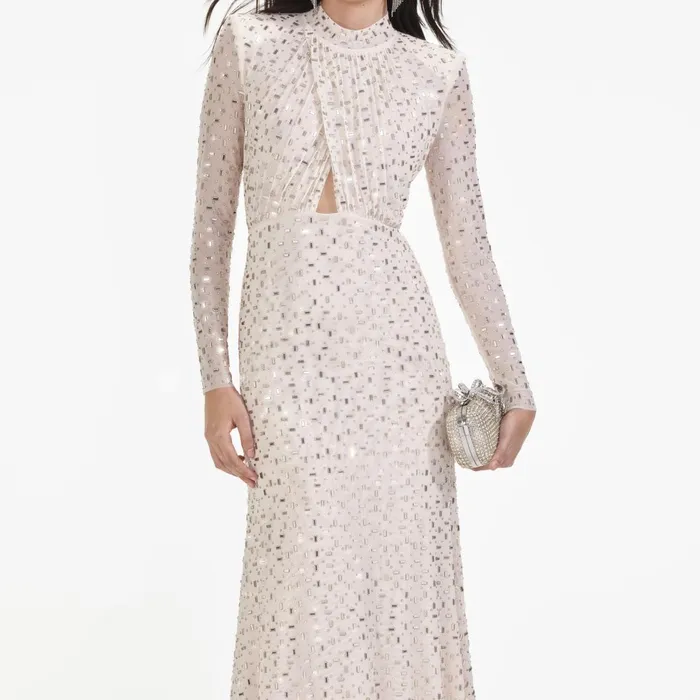 Women Champagne Rhinestone Mesh Midi Dress Self Portrait Dresses