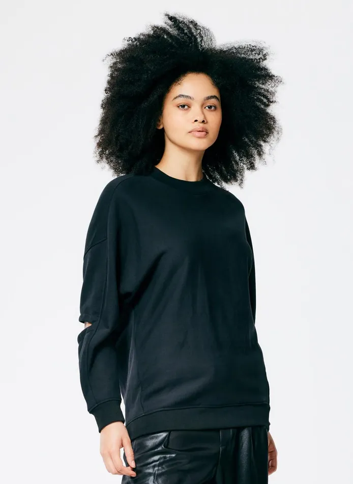 Women Cocoon Crewneck Sweatshirt Black Tibi Fundamentals