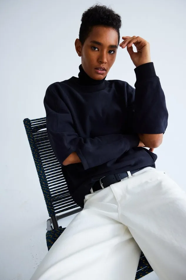 Women Cocoon Crewneck Sweatshirt Navy Tibi Fundamentals