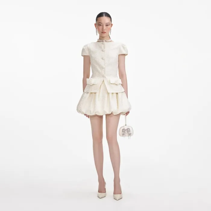 Women Cream Boucle Bow Detail Mini Dress Self Portrait Dresses