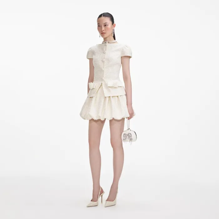 Women Cream Boucle Bow Detail Mini Dress Self Portrait Dresses