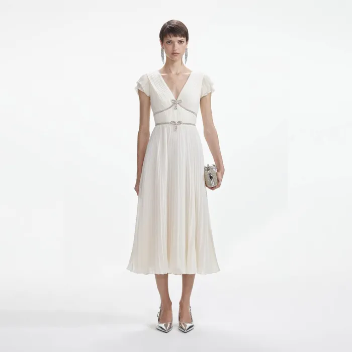 Women Cream Chiffon Pleated Midi Dress Self Portrait Dresses