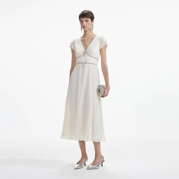 Women Cream Chiffon Pleated Midi Dress Self Portrait Dresses