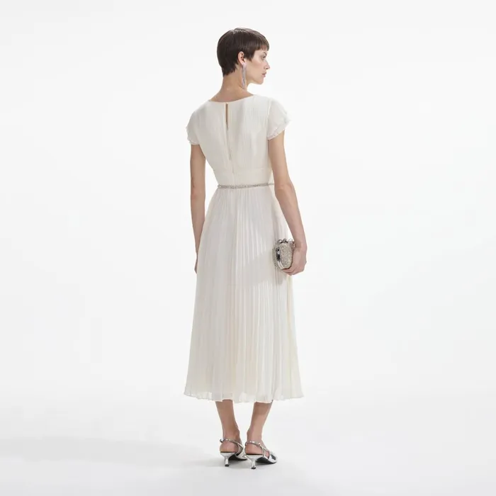 Women Cream Chiffon Pleated Midi Dress Self Portrait Dresses