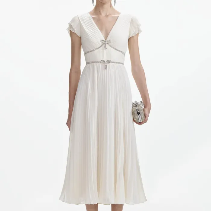 Women Cream Chiffon Pleated Midi Dress Self Portrait Dresses