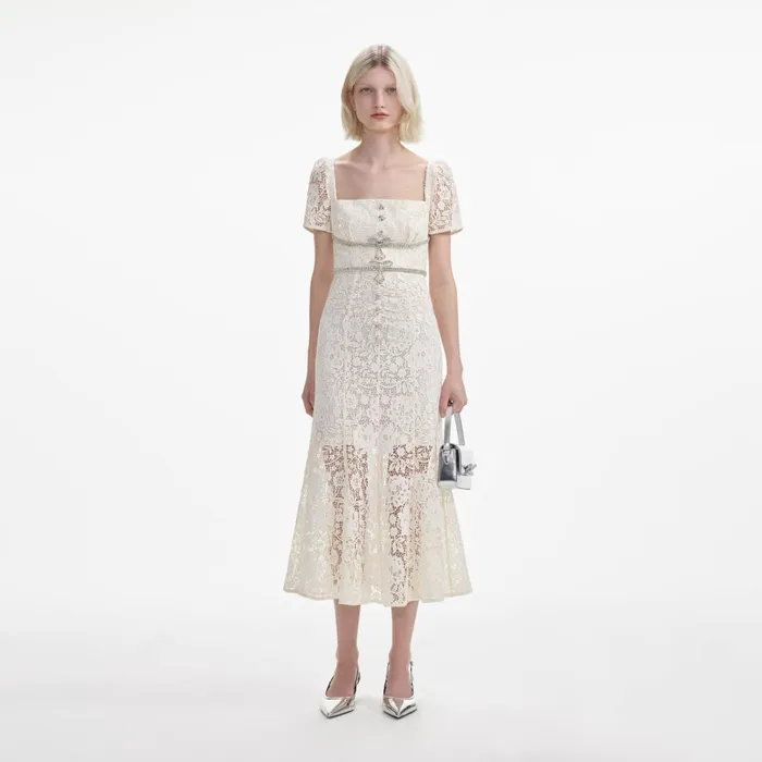 Women Cream Lace Diamante Bow Midi Dress Self Portrait Dresses