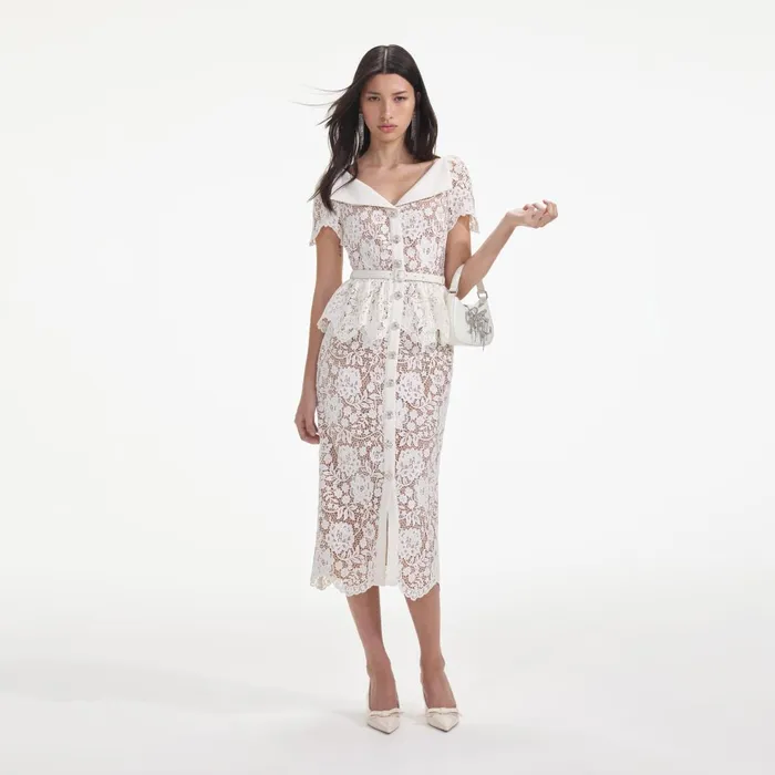 Women Cream Lace Peplum Midi Dress Self Portrait Dresses
