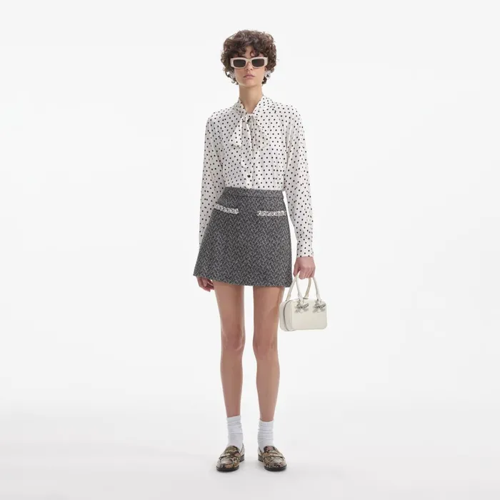 Women Cream Polka Dot Satin Blouse Self Portrait Tops