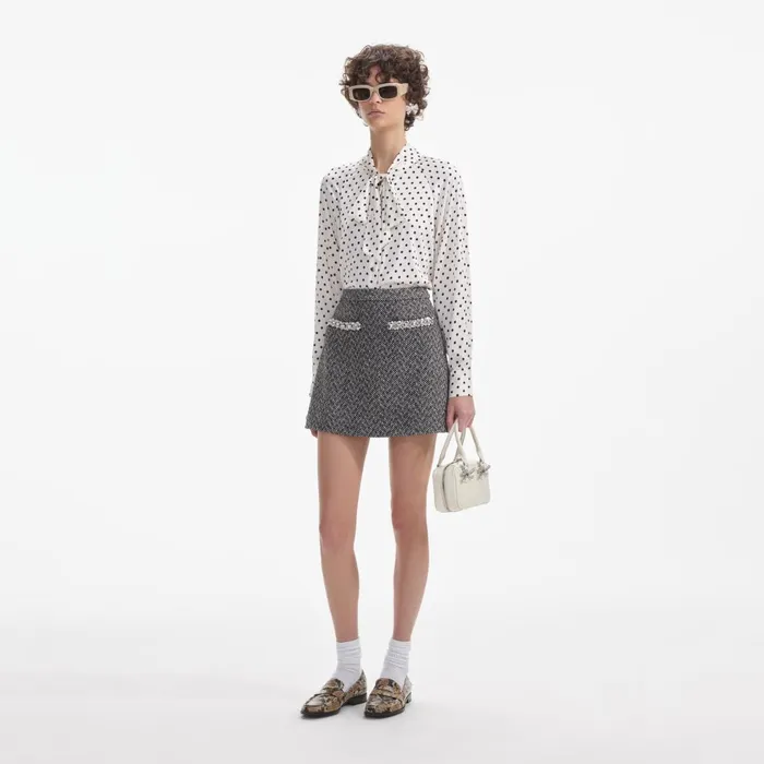 Women Cream Polka Dot Satin Blouse Self Portrait Tops