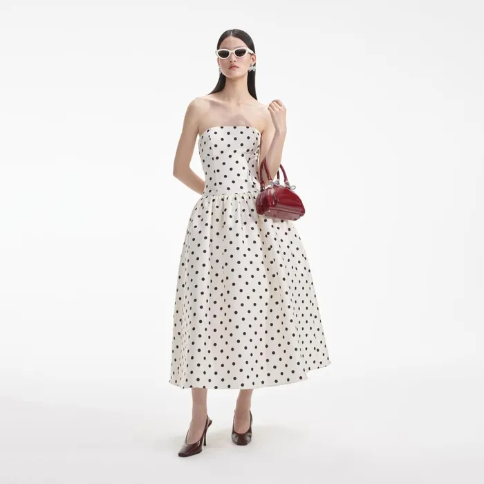 Women Cream Polka Dot Taffeta Midi Dress Self Portrait Dresses