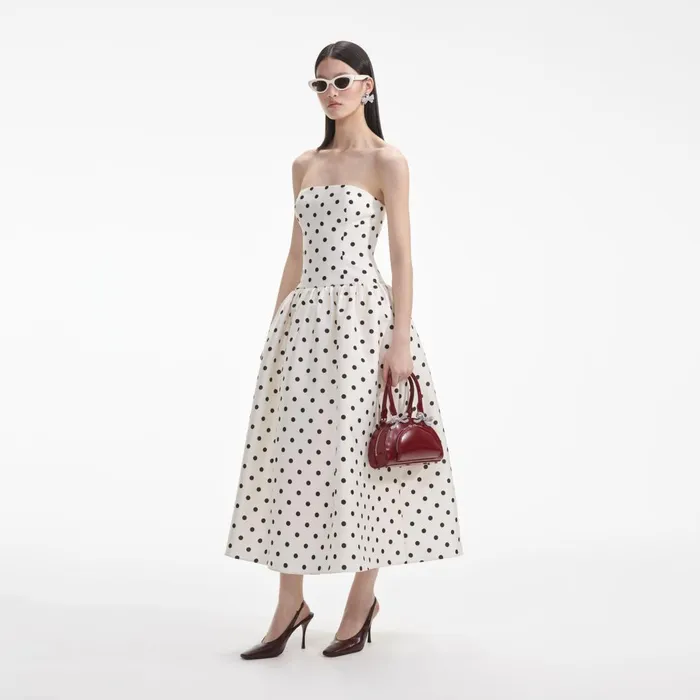 Women Cream Polka Dot Taffeta Midi Dress Self Portrait Dresses