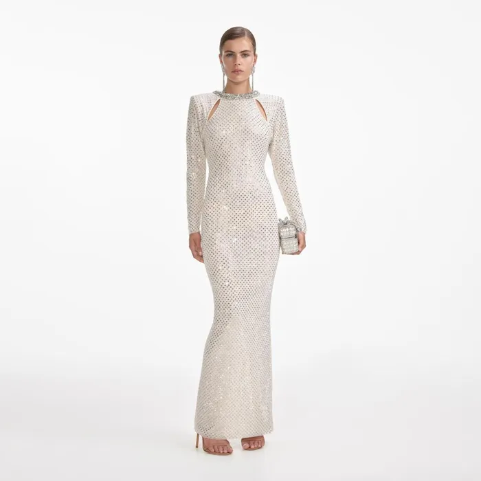 Women Cream Rhinestone Diamante Trim Maxi Dress Self Portrait Dresses