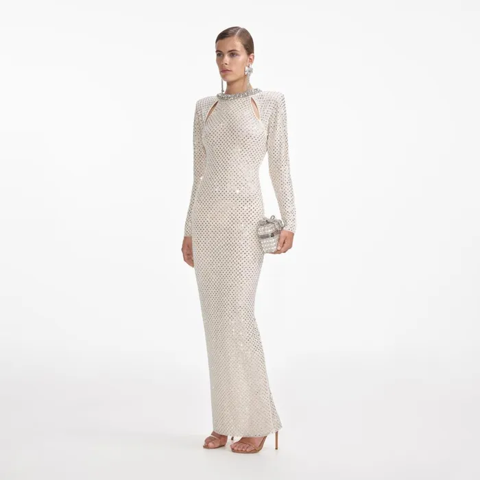 Women Cream Rhinestone Diamante Trim Maxi Dress Self Portrait Dresses