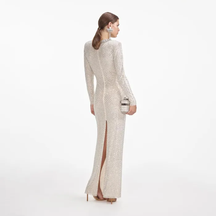 Women Cream Rhinestone Diamante Trim Maxi Dress Self Portrait Dresses