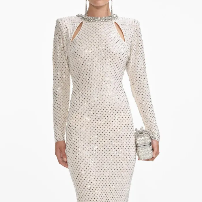 Women Cream Rhinestone Diamante Trim Maxi Dress Self Portrait Dresses