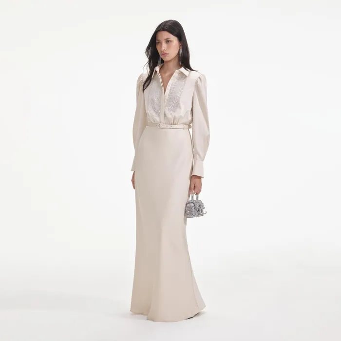 Women Cream Satin Embellished Bib Maxi Dress Self Portrait Dresses