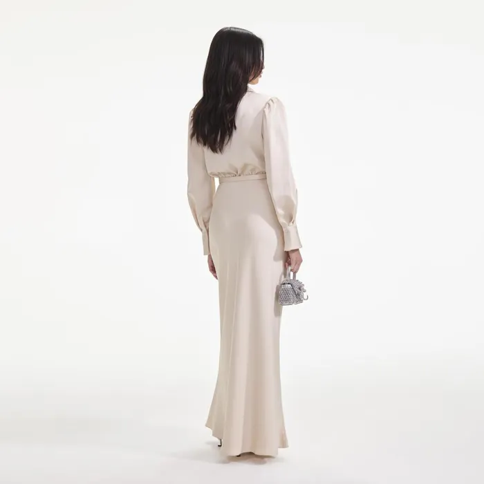 Women Cream Satin Embellished Bib Maxi Dress Self Portrait Dresses