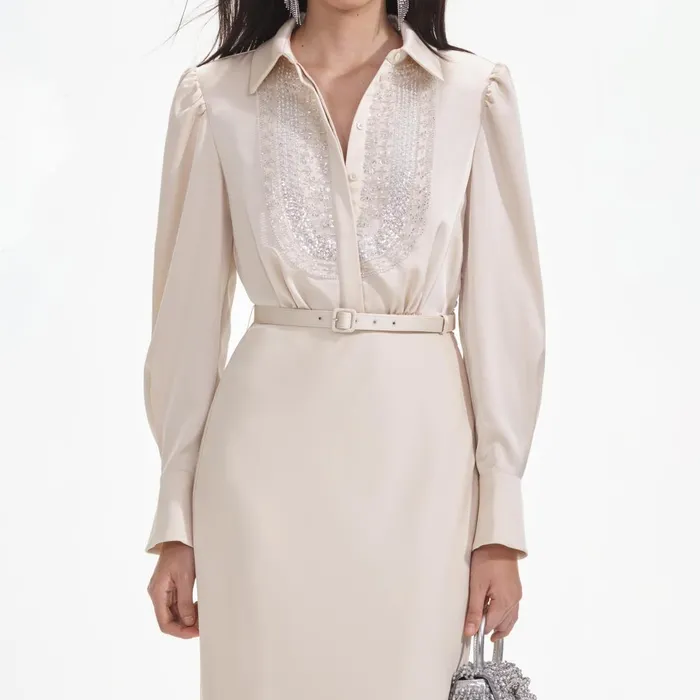 Women Cream Satin Embellished Bib Maxi Dress Self Portrait Dresses