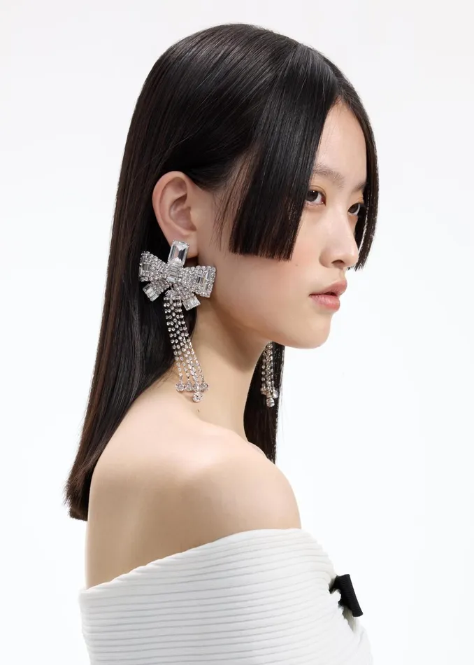 Women Crystal Bow Droplet Earrings Self Portrait Jewellery