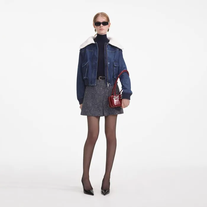 Women Denim Knit Collar Jacket Self Portrait Denim