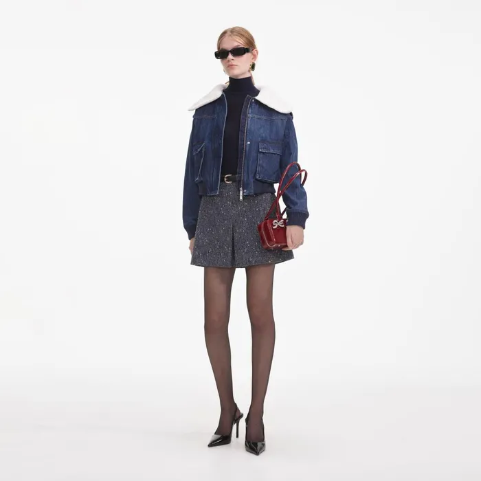 Women Denim Knit Collar Jacket Self Portrait Denim