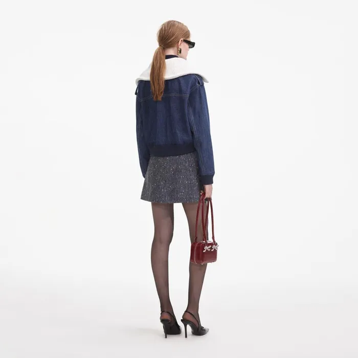 Women Denim Knit Collar Jacket Self Portrait Denim