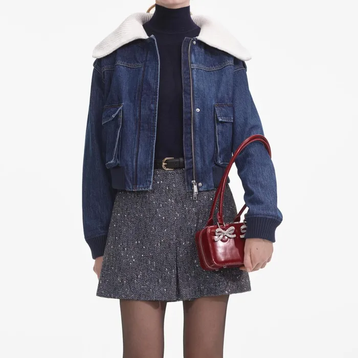 Women Denim Knit Collar Jacket Self Portrait Denim