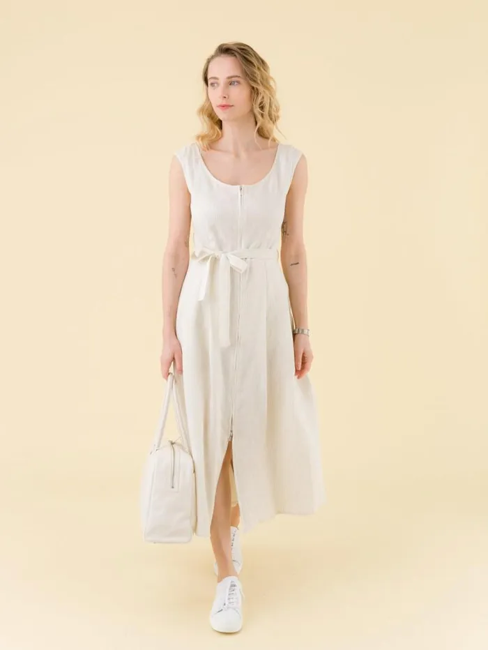Women Dresses Agns B Brown Clara Striped Zipped Linen Dress