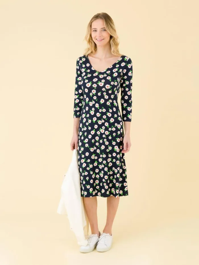 Women Dresses Agns B Navy Blue New Danseuse Dress With White Floral Print And 34 Length Sleeves