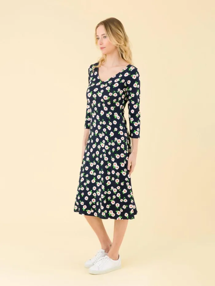 Women Dresses Agns B Navy Blue New Danseuse Dress With White Floral Print And 34 Length Sleeves
