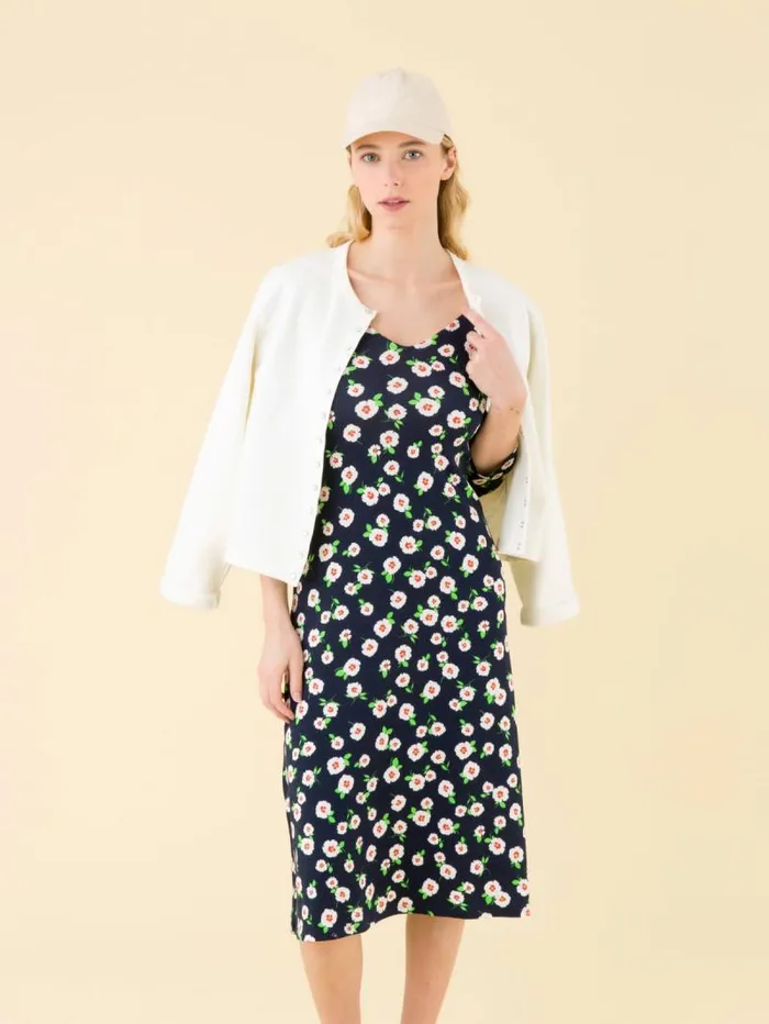Women Dresses Agns B Navy Blue New Danseuse Dress With White Floral Print And 34 Length Sleeves