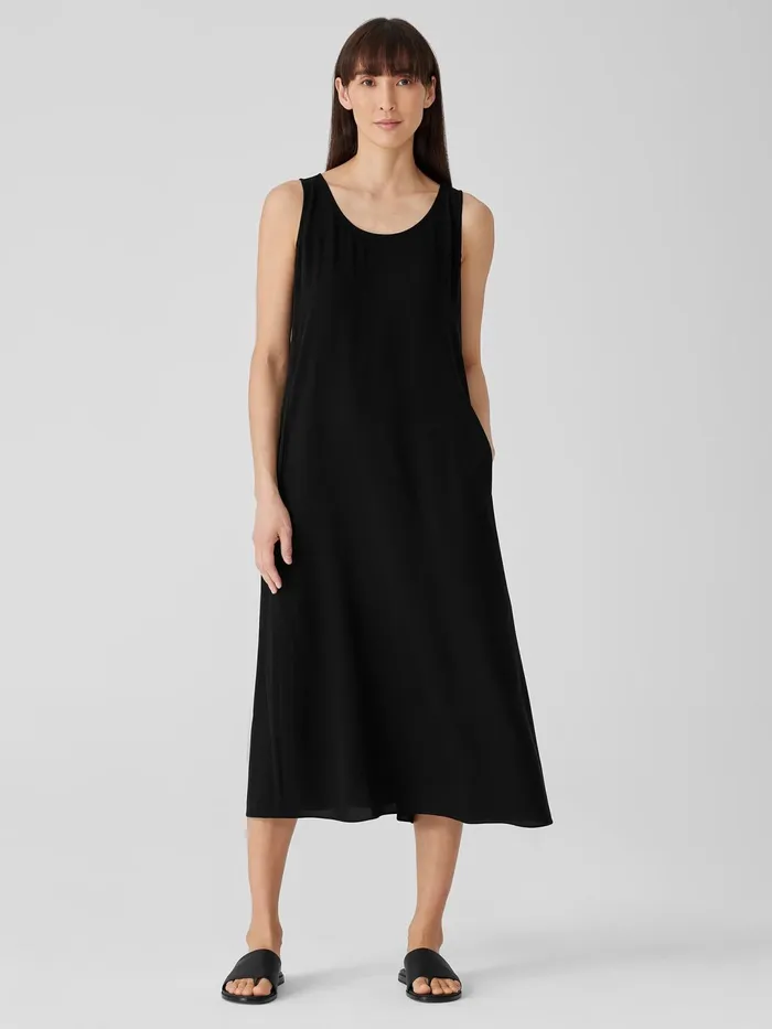 Women Dresses and Skirts Eileen Fisher Silk Georgette Crepe Scoop Neck Dress Black